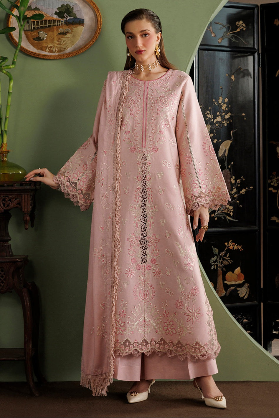 Mahnur Kaya Luxury Peach Leather Unstitched 3pc