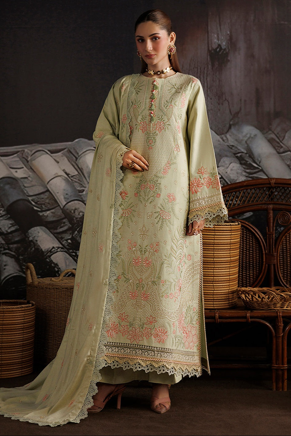 Mahnur Kaya Luxury Peach Leather Unstitched 3pc