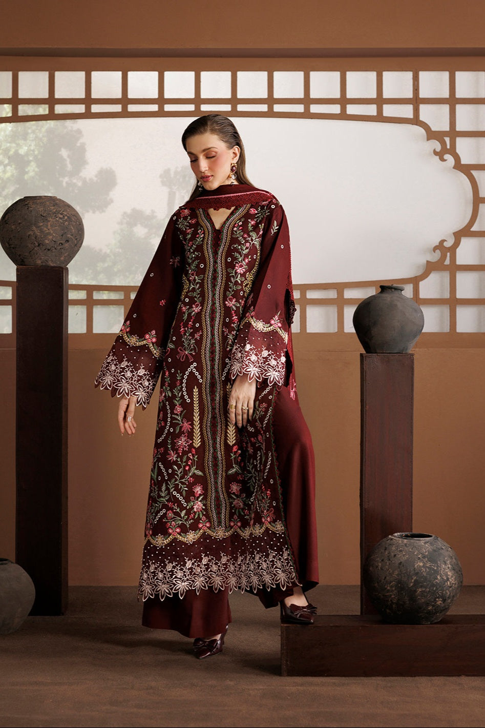 Mahnur Kaya Luxury Peach Leather Unstitched 3pc