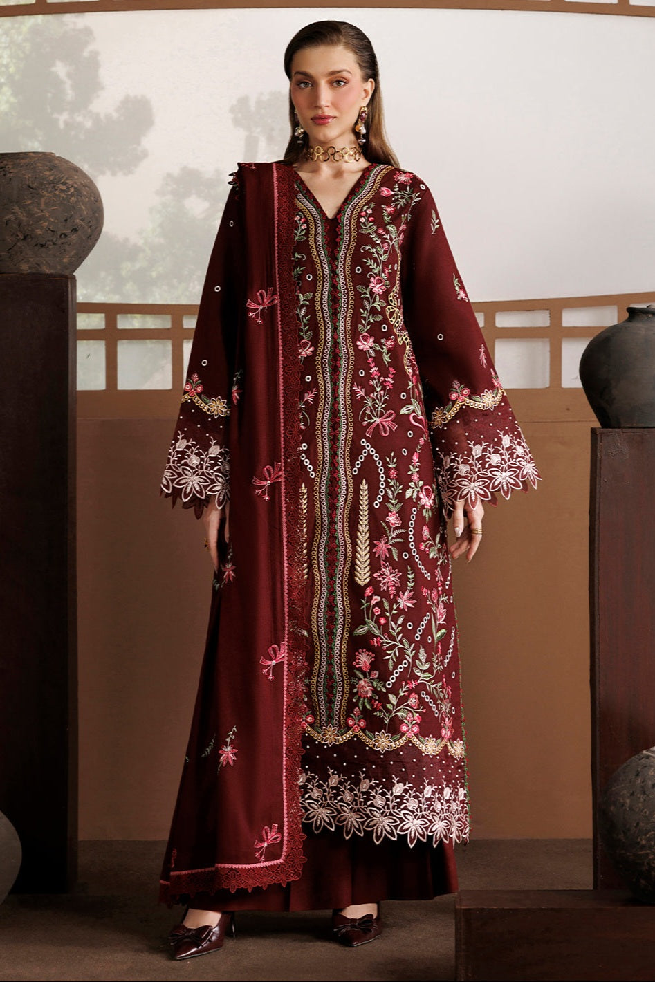 Mahnur Kaya Luxury Peach Leather Unstitched 3pc