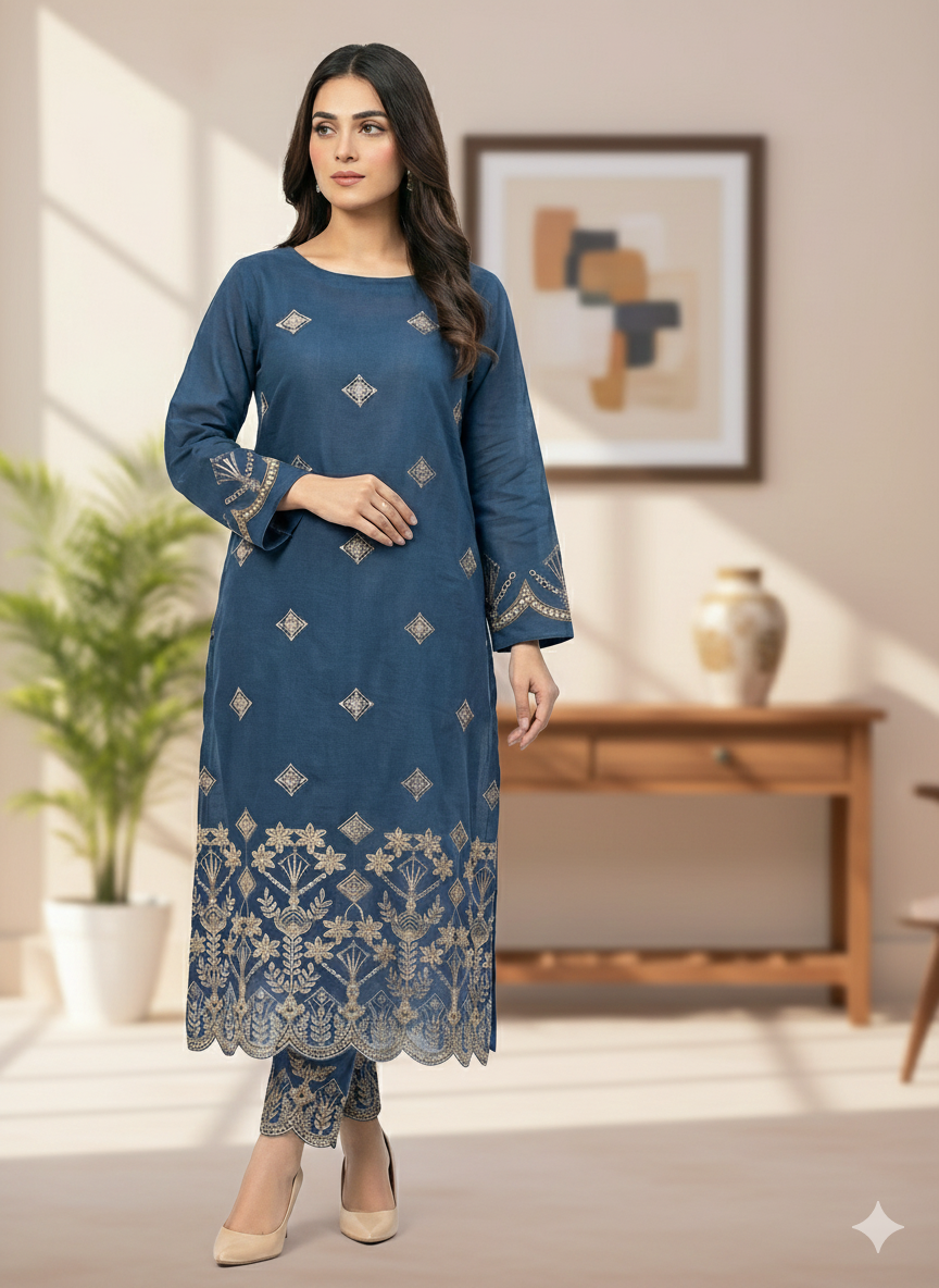 UNSTITCHED EMBROIDERED Silk 2PC SHIRT AND TROUSER COLLECTION BY DESIGNER By Branded Cut Piece