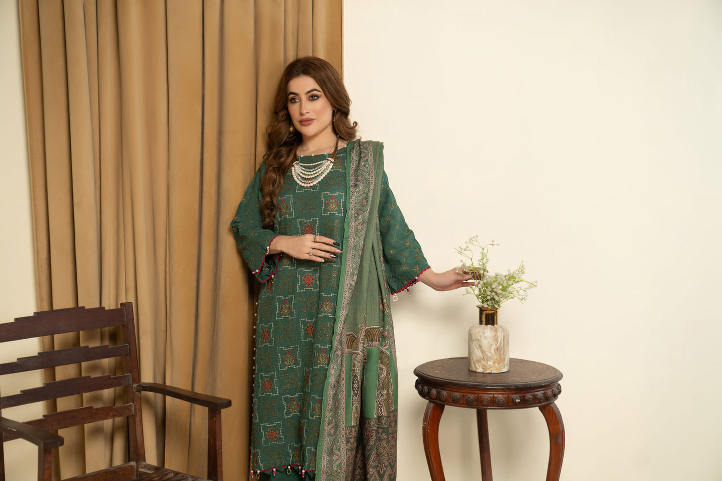 Safa Iman-Embroidered Self Jacquard-Green-3PC