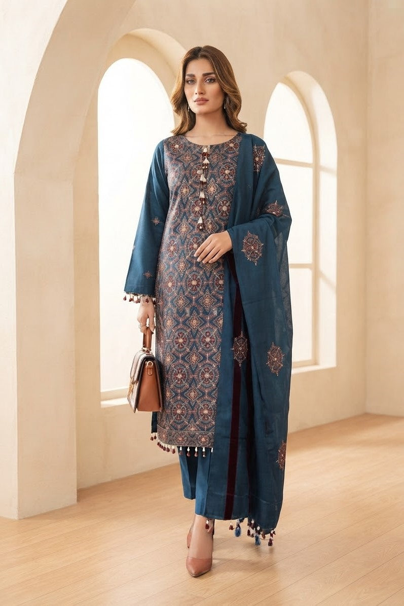Noor jahan Ethnic Unstitched Embroidered Wool 3pc