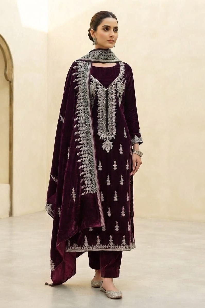 Premium Unstitched Embroidered Velvet 3pc