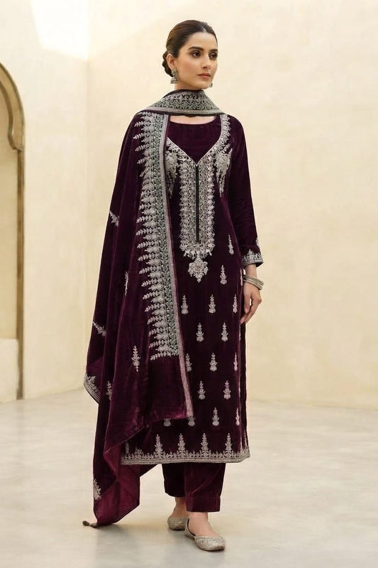 Premium Unstitched Embroidered Velvet 3pc