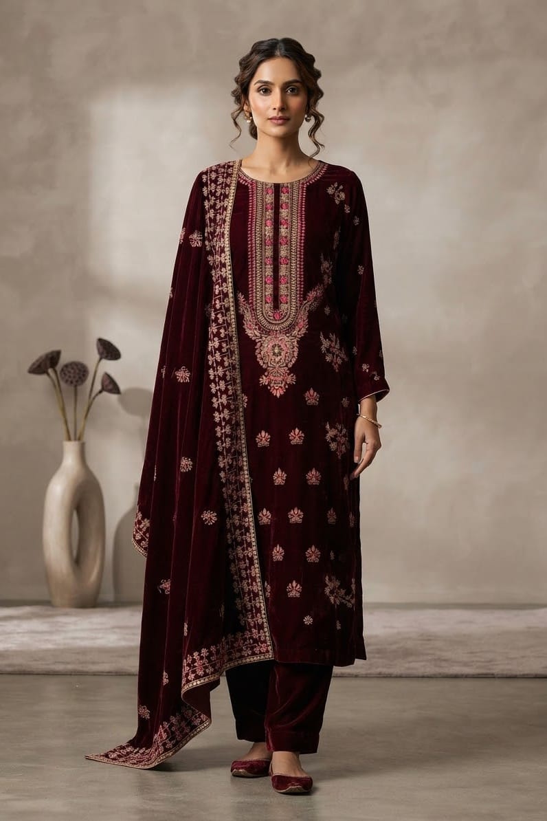 Premium Unstitched Embroidered Velvet 3pc