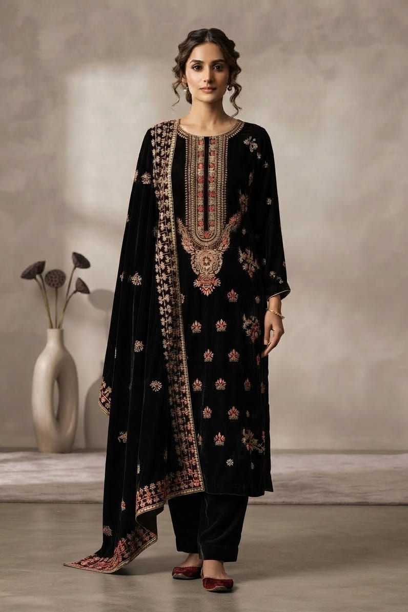 Premium Unstitched Embroidered Velvet 3pc