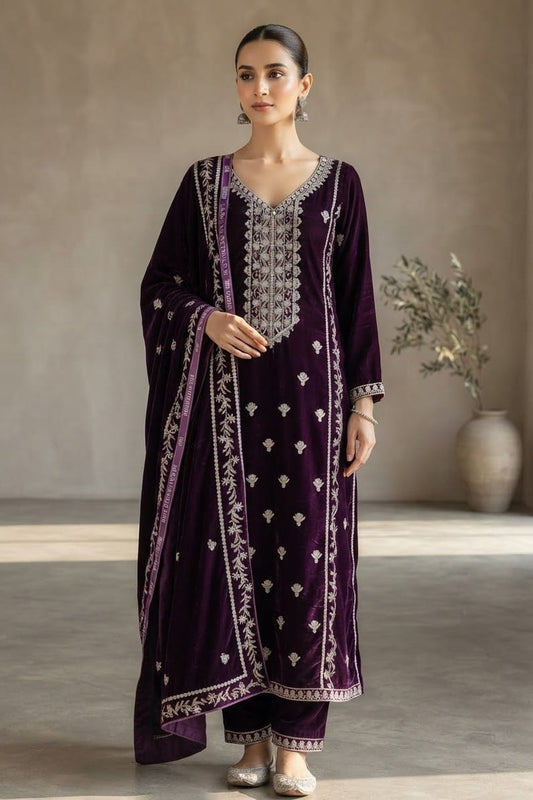 Premium Unstitched Embroidered Velvet 3pc