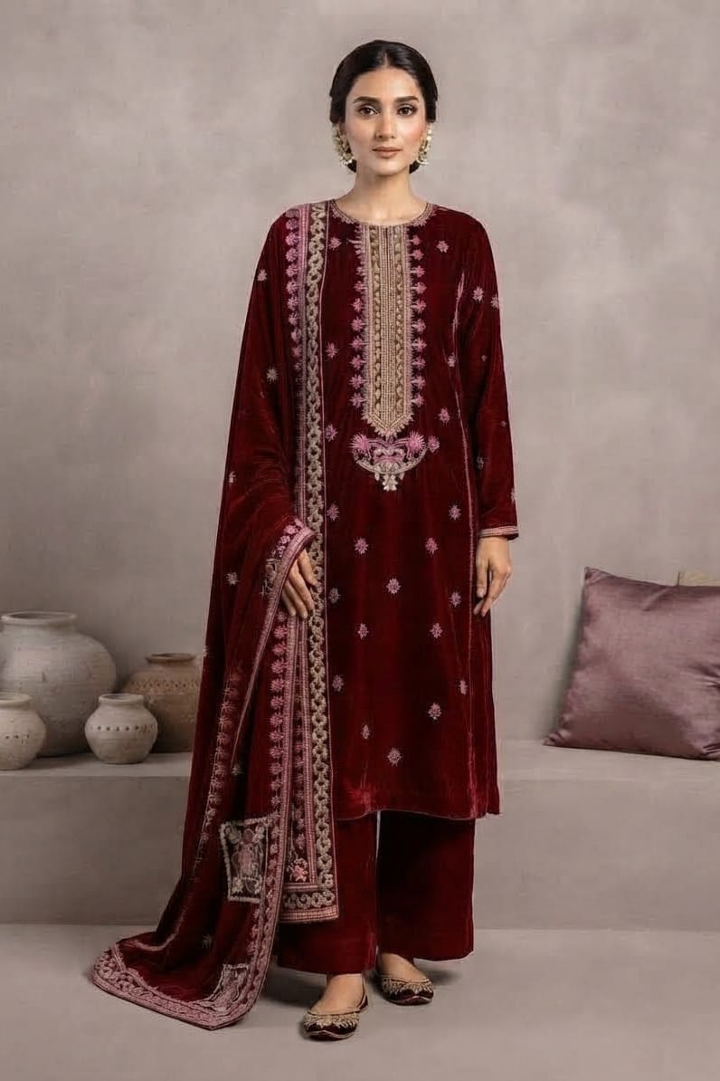 Premium Unstitched Embroidered Velvet 3pc