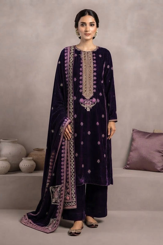 Premium Unstitched Embroidered Velvet 3pc
