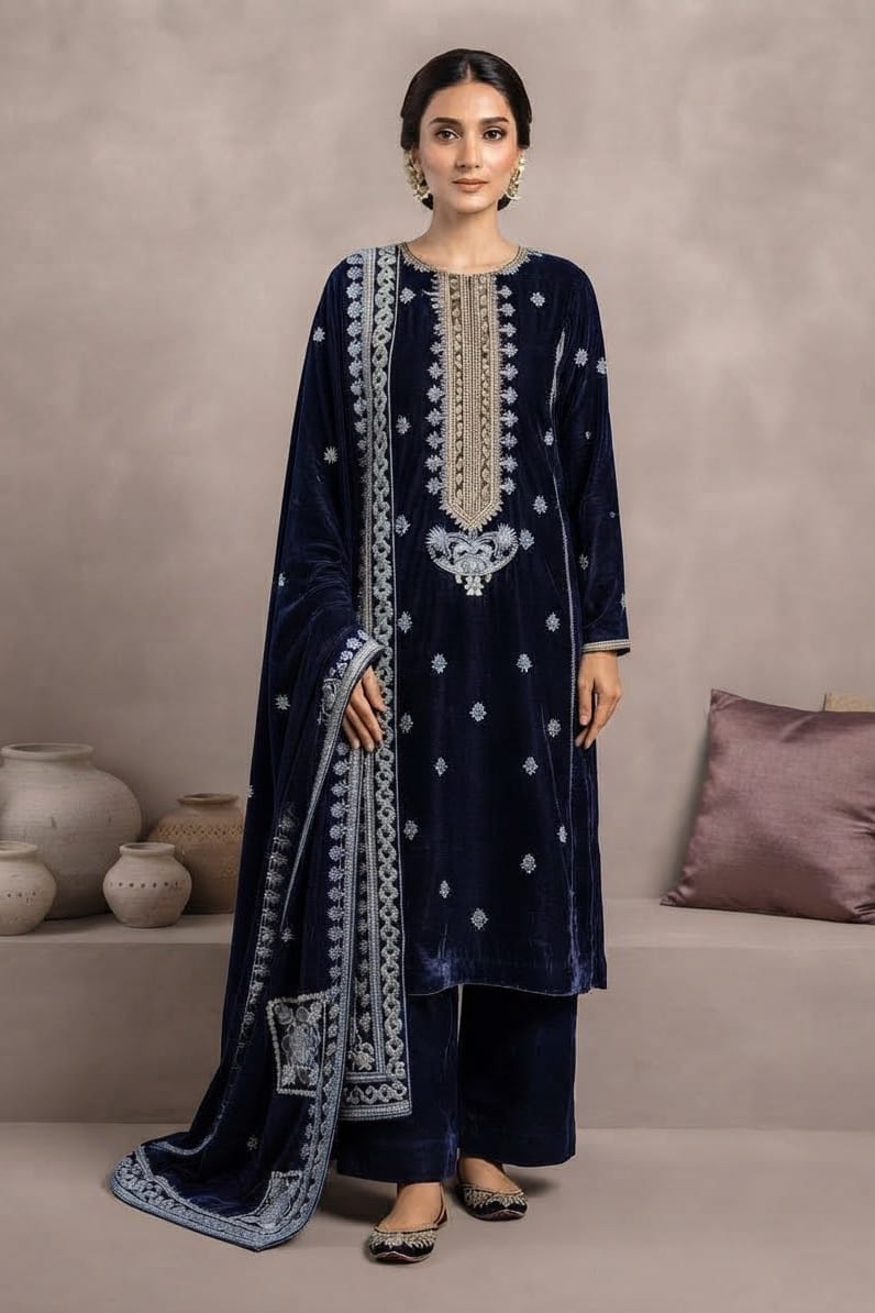 Premium Unstitched Embroidered Velvet 3pc