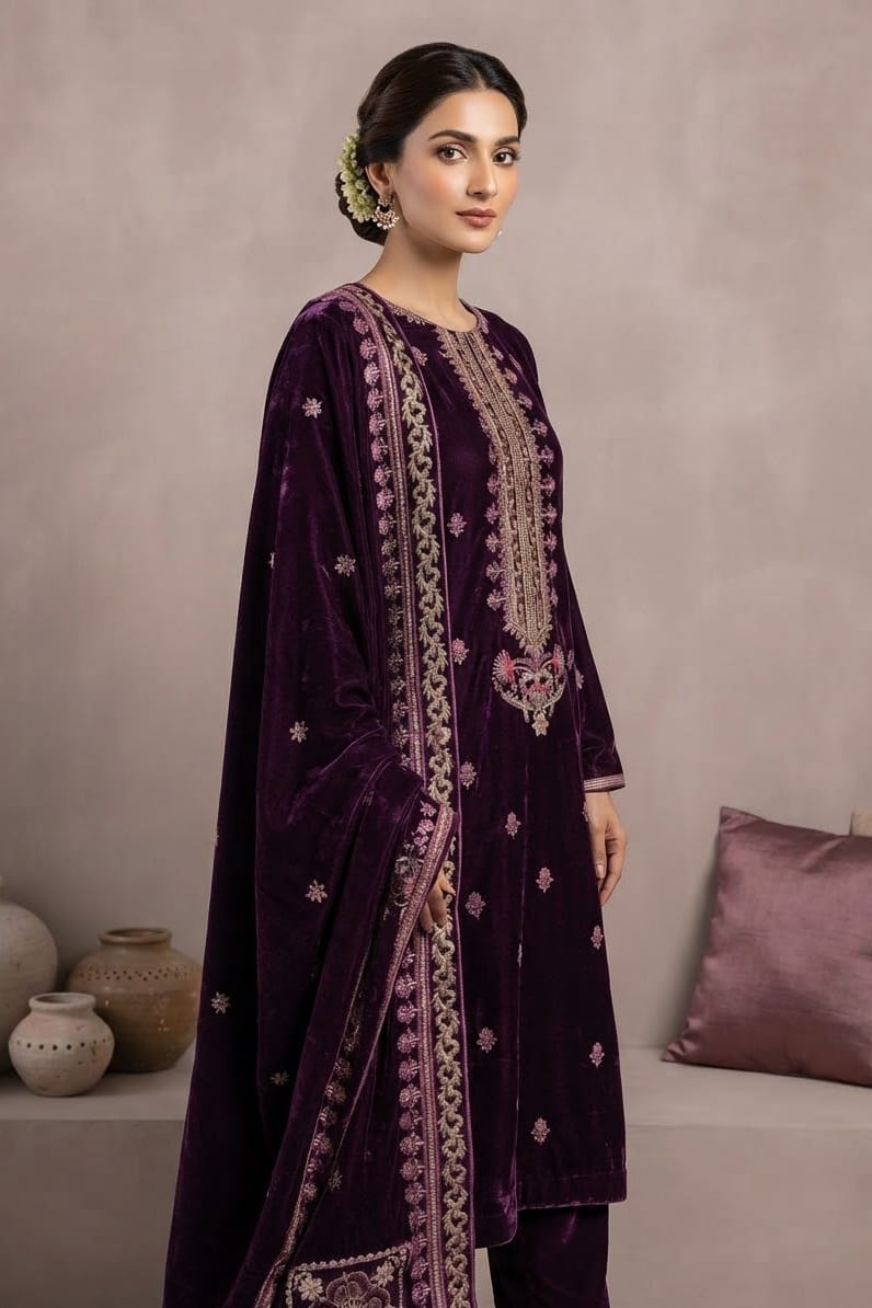Premium Unstitched Embroidered Velvet 3pc