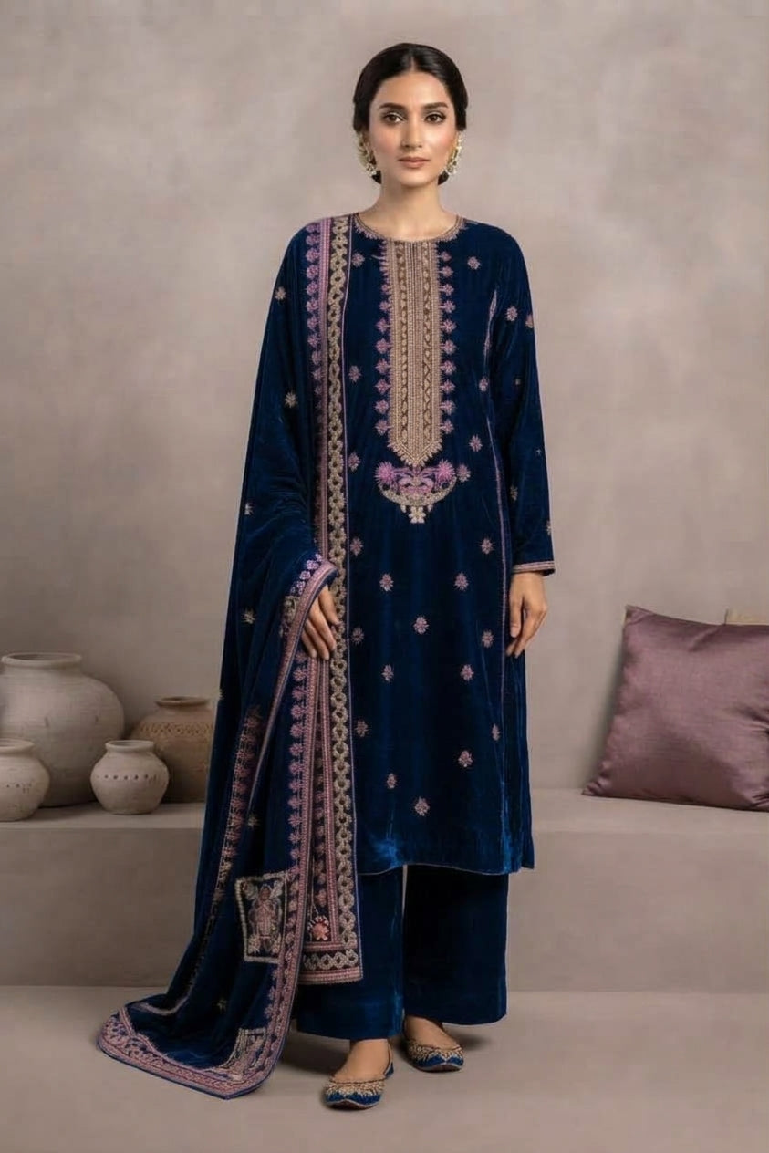 Premium Unstitched Embroidered Velvet 3pc