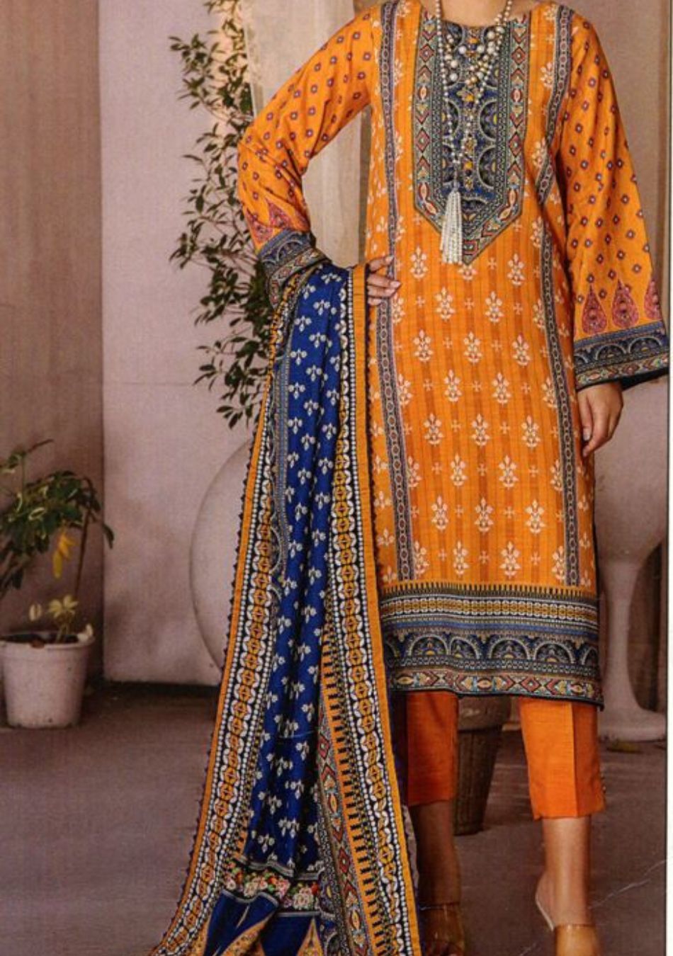 Jacquard-Digital Printed Slub Khaddar-Mustard-3PC - Branded Cut Pieces