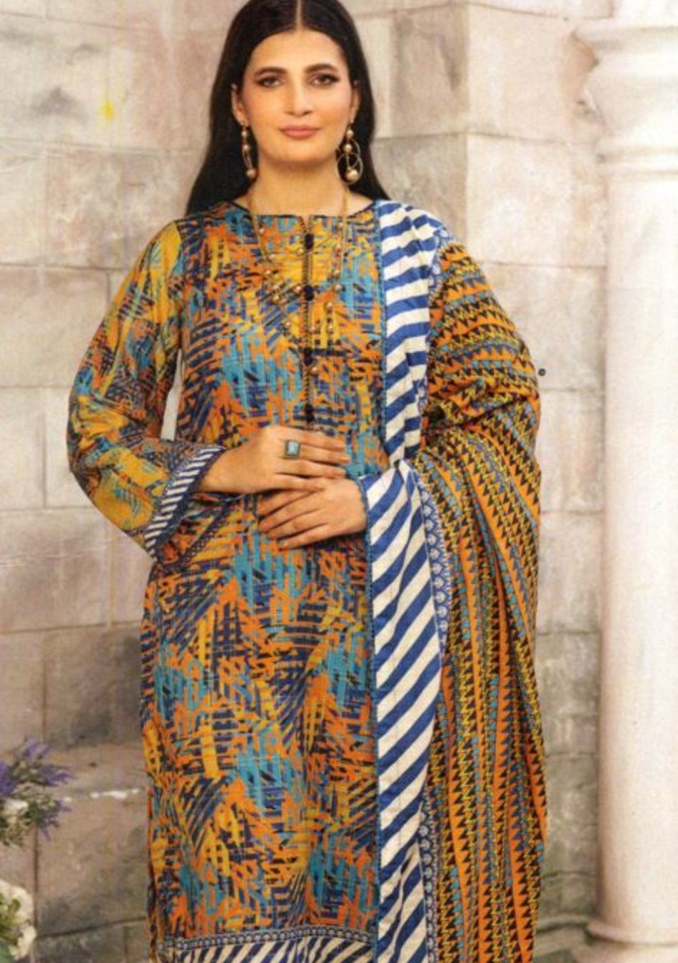 Jacquard-Digital Printed Cross Grid Khaddar-Multi-3PC - Branded Cut Pieces