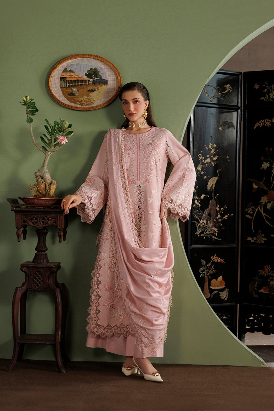 Mahnur Kaya Luxury Peach Leather Unstitched 3pc