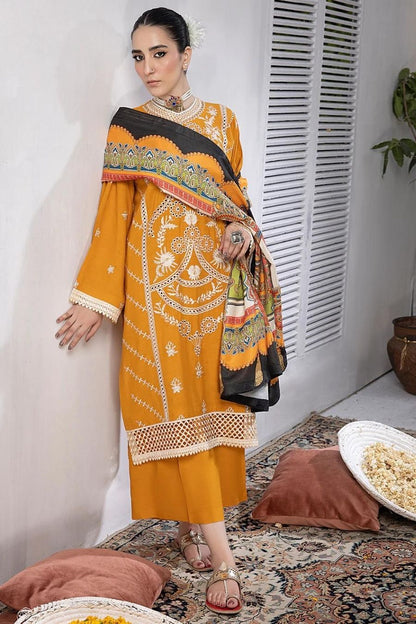 Mahnur (Mehru)-Embroidered Slub Linen-Mustard-3PC - Branded Cut Pieces