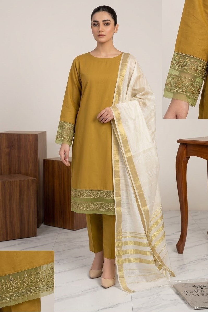 Bonanza Plain Embroidered Unstitched Mix 3pc