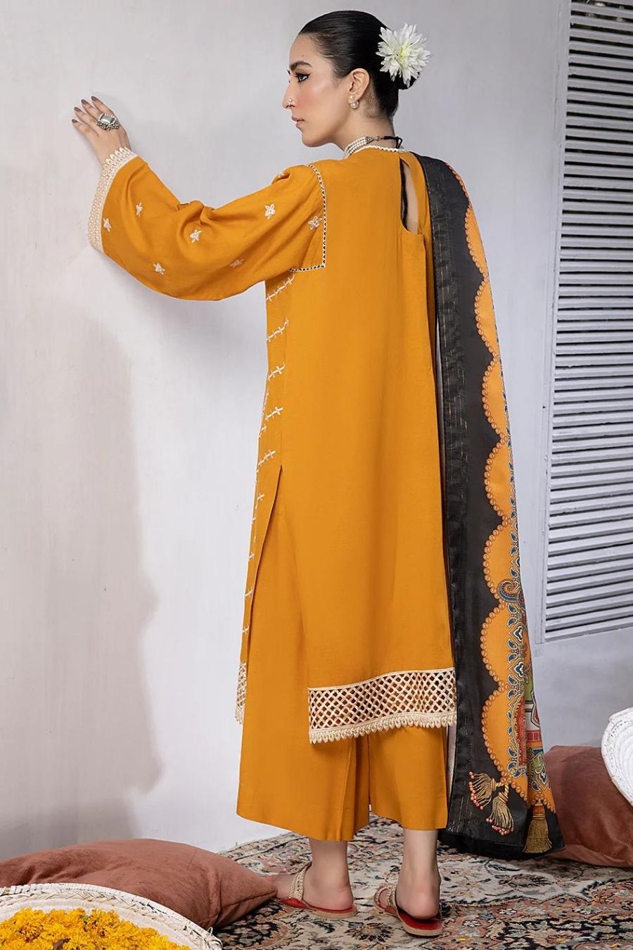 Mahnur (Mehru)-Embroidered Slub Linen-Mustard-3PC - Branded Cut Pieces