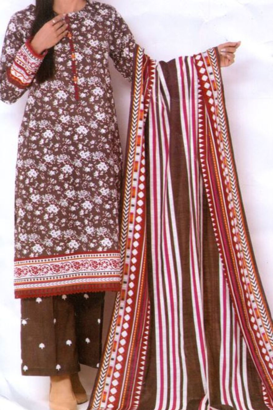 MIZAJ-Digital Printed Khaddar-Brown-3PC - Branded Cut Pieces