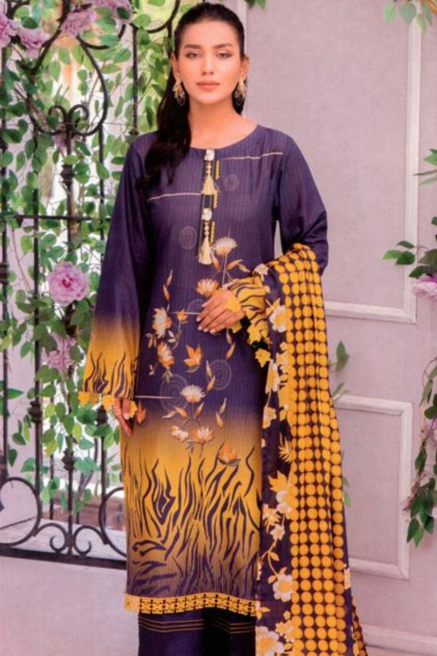 Digital Printed Lawn-Navy-Blue-3pc - Branded Cut Pieces