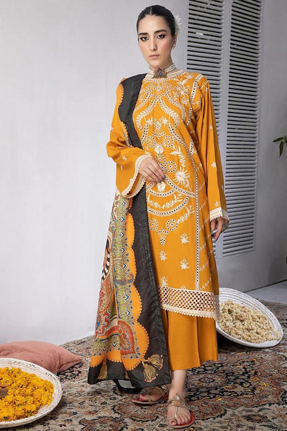 Mahnur (Mehru)-Embroidered Slub Linen-Mustard-3PC - Branded Cut Pieces