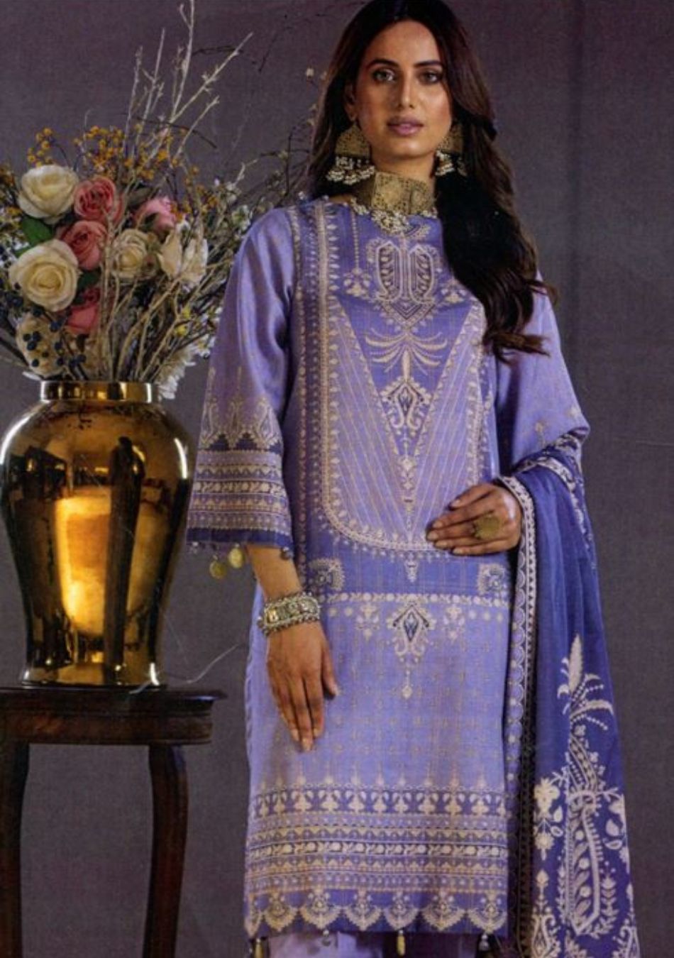 Hania&Minahil-Digital Printed Cross Grid Khaddar-Lilac-3PC - Branded Cut Pieces