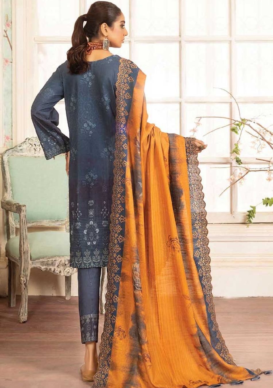 Mahee's-Embroidered Slub khaadar-Blue-3PC - Branded Cut Pieces