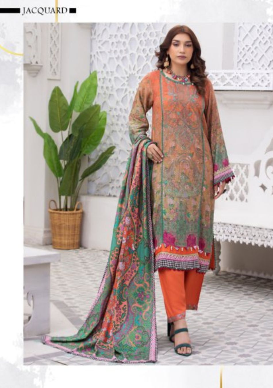 Jacquard-Embroidered Slub Viscose-Orange-3PC - Branded Cut Pieces