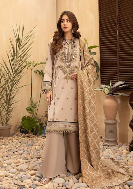 Aizal-Embroidered khaadar-Beige-3PC - Branded Cut Pieces