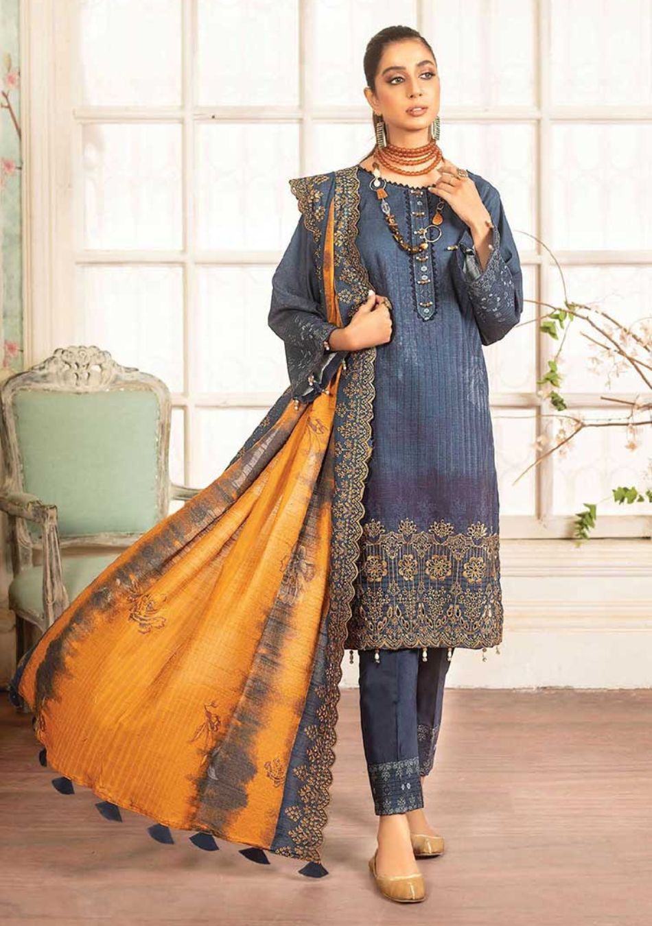 Mahee's-Embroidered Slub khaadar-Blue-3PC - Branded Cut Pieces