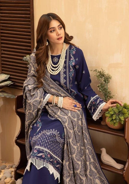 Aizal-Embroidered khaadar-Blue-3PC - Branded Cut Pieces