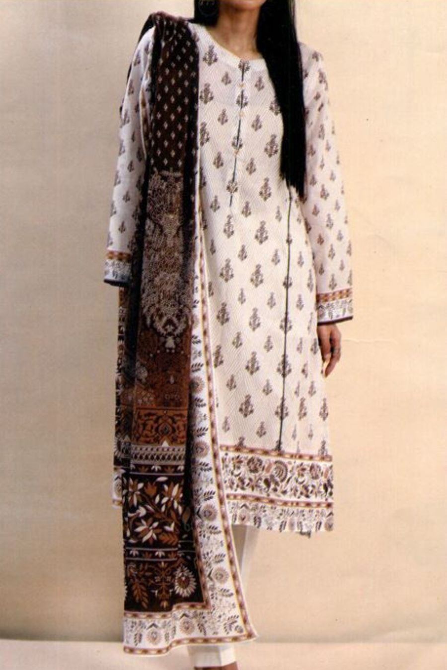 Digital Printed Lawn-Cream-3PC - Branded Cut Pieces