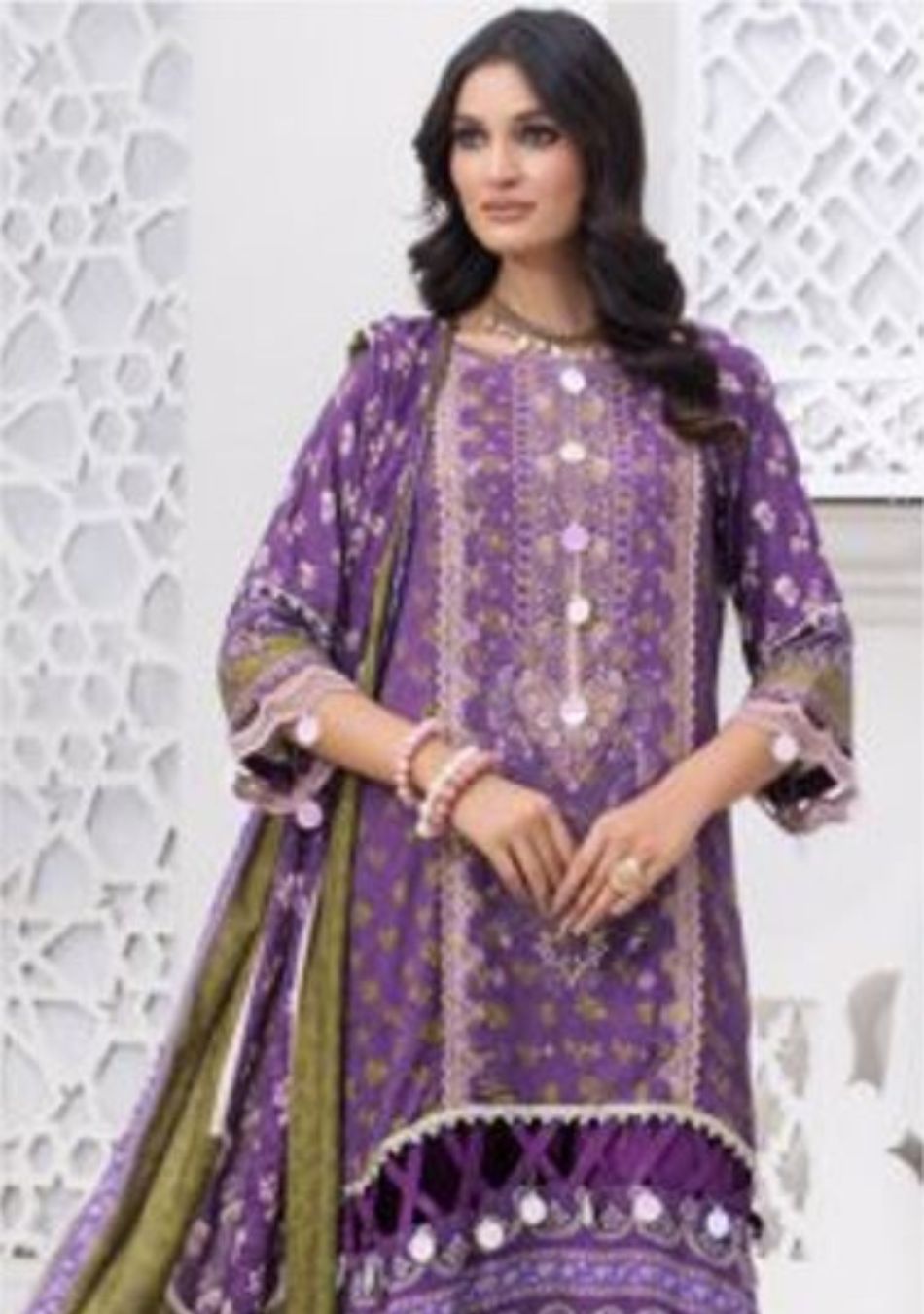 Jacquard-Embroidered Slub Viscose-Purple-3PC - Branded Cut Pieces