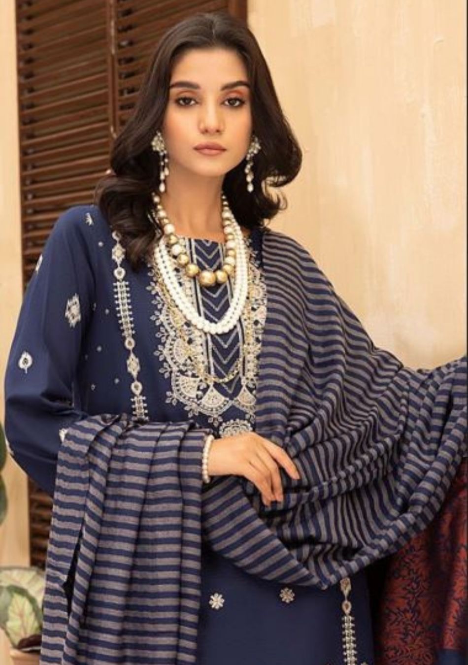 Aizal-Embroidered khaadar-Blue-3PC - Branded Cut Pieces