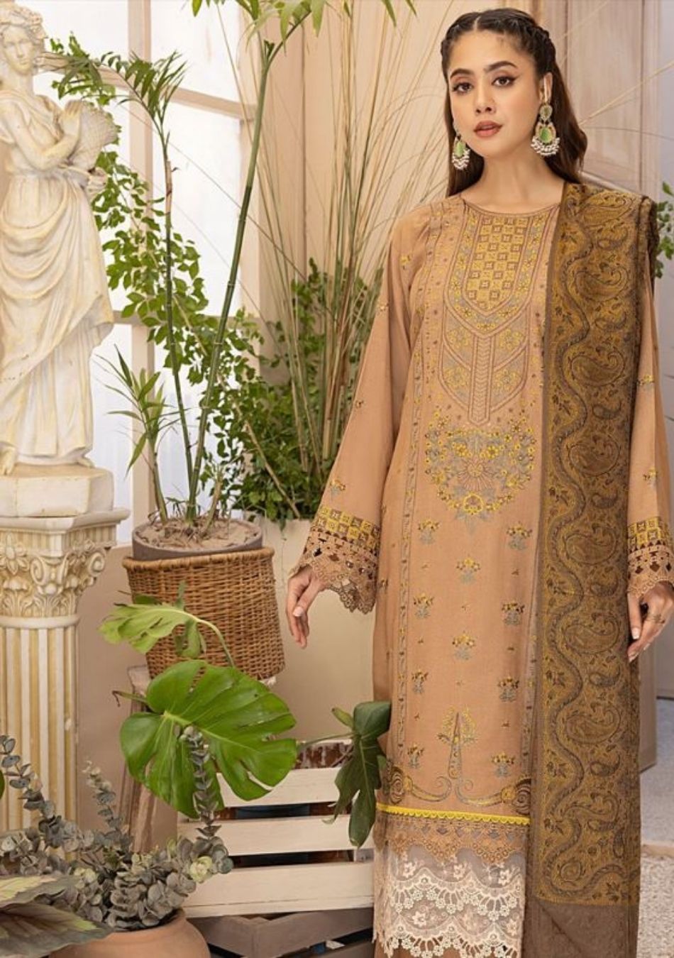 Aizal-Embroidered karandi-L-Brown-3PC - Branded Cut Pieces