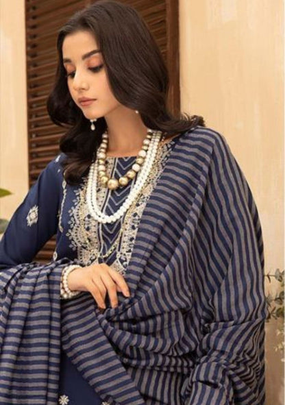 Aizal-Embroidered khaadar-Blue-3PC - Branded Cut Pieces