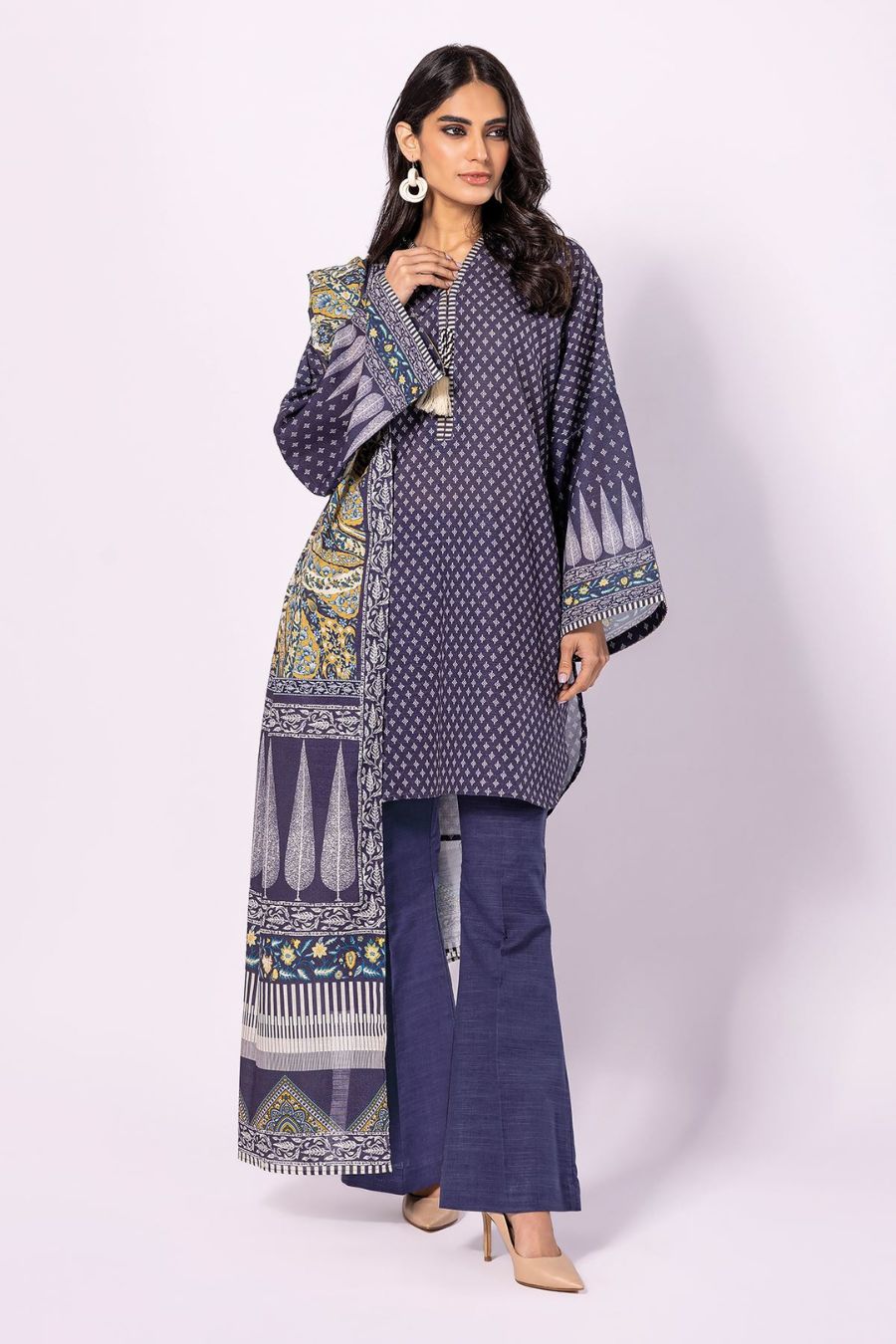 Digital Printed Light Khaddar-Blue-3PC - Branded Cut Pieces