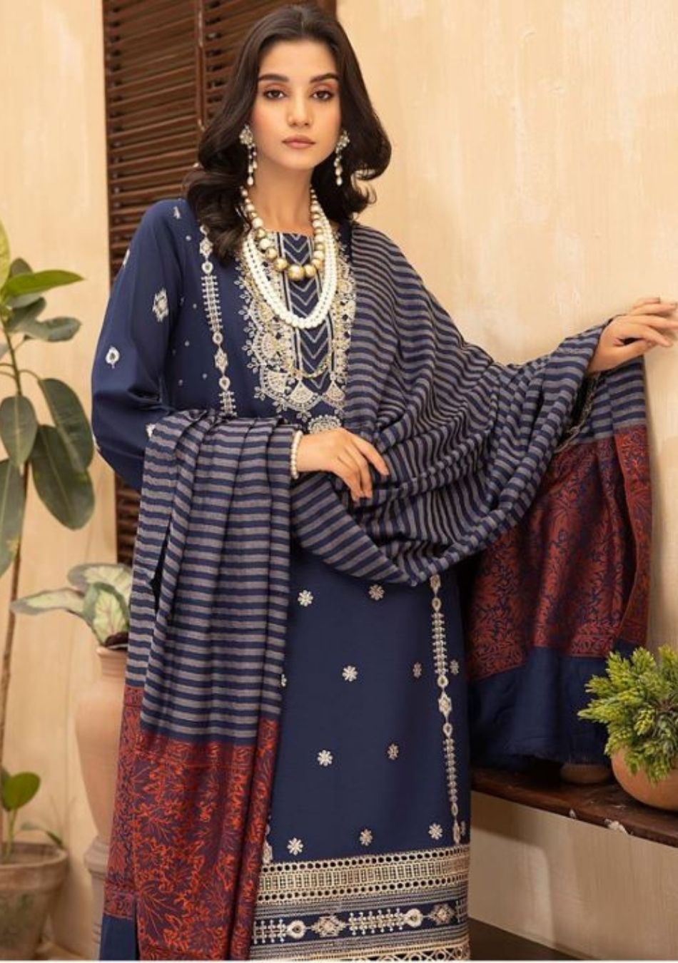 Aizal-Embroidered khaadar-Blue-3PC - Branded Cut Pieces