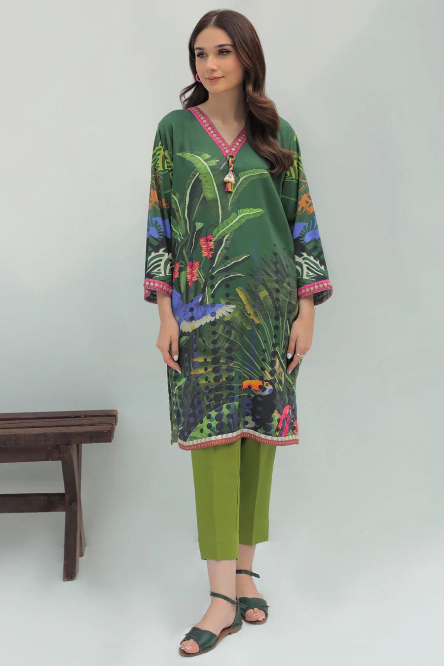 Embroidered Viscose-Green-Shirt - Branded Cut Pieces