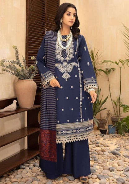 Aizal-Embroidered khaadar-Blue-3PC - Branded Cut Pieces