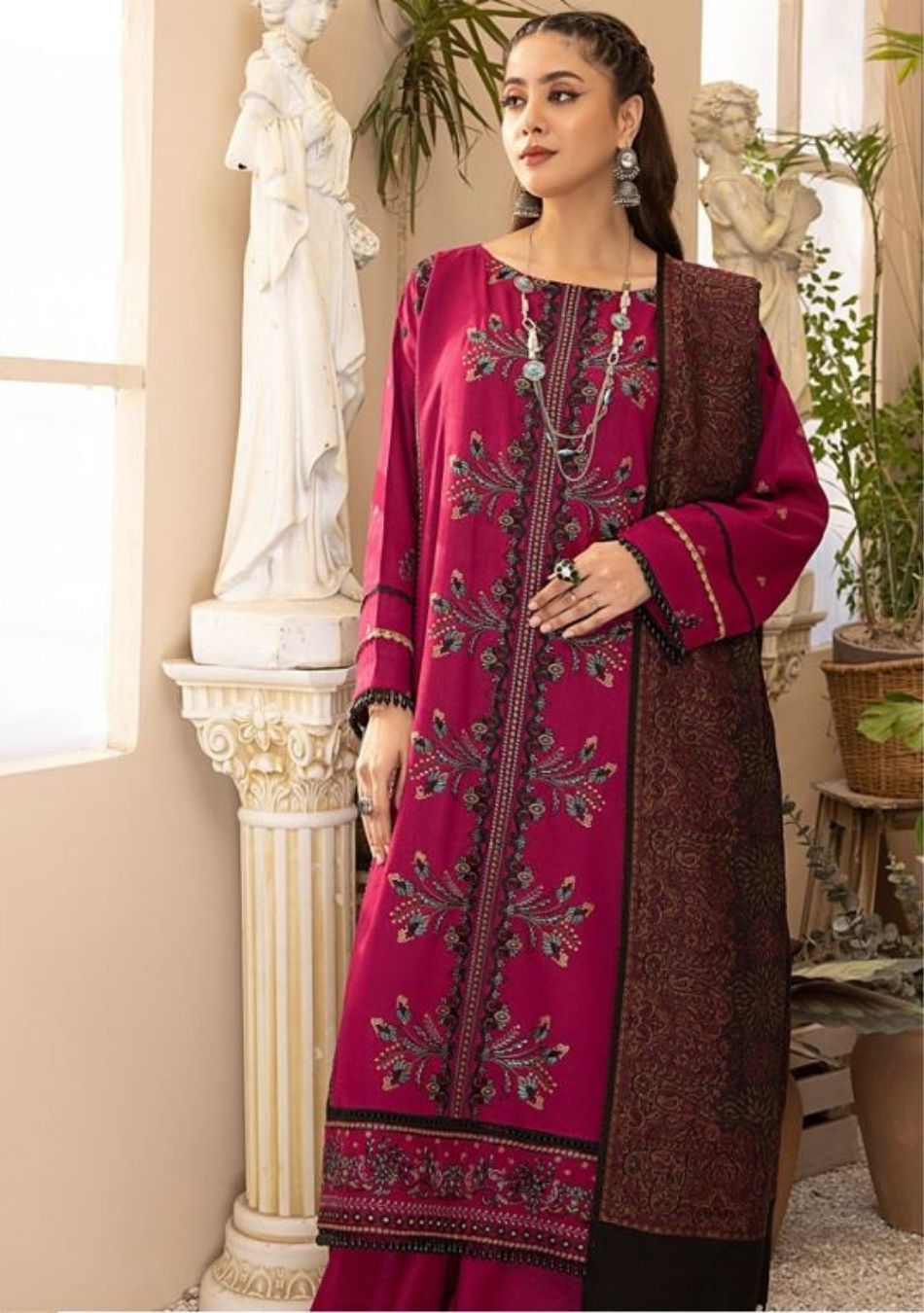 Aizal-Embroidered karandi-Purple-3PC - Branded Cut Pieces