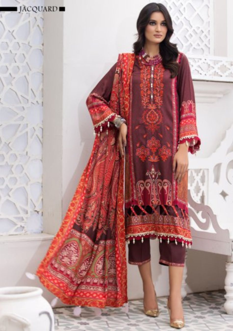 Jacquard-Embroidered Slub Viscose-Multi-3PC - Branded Cut Pieces