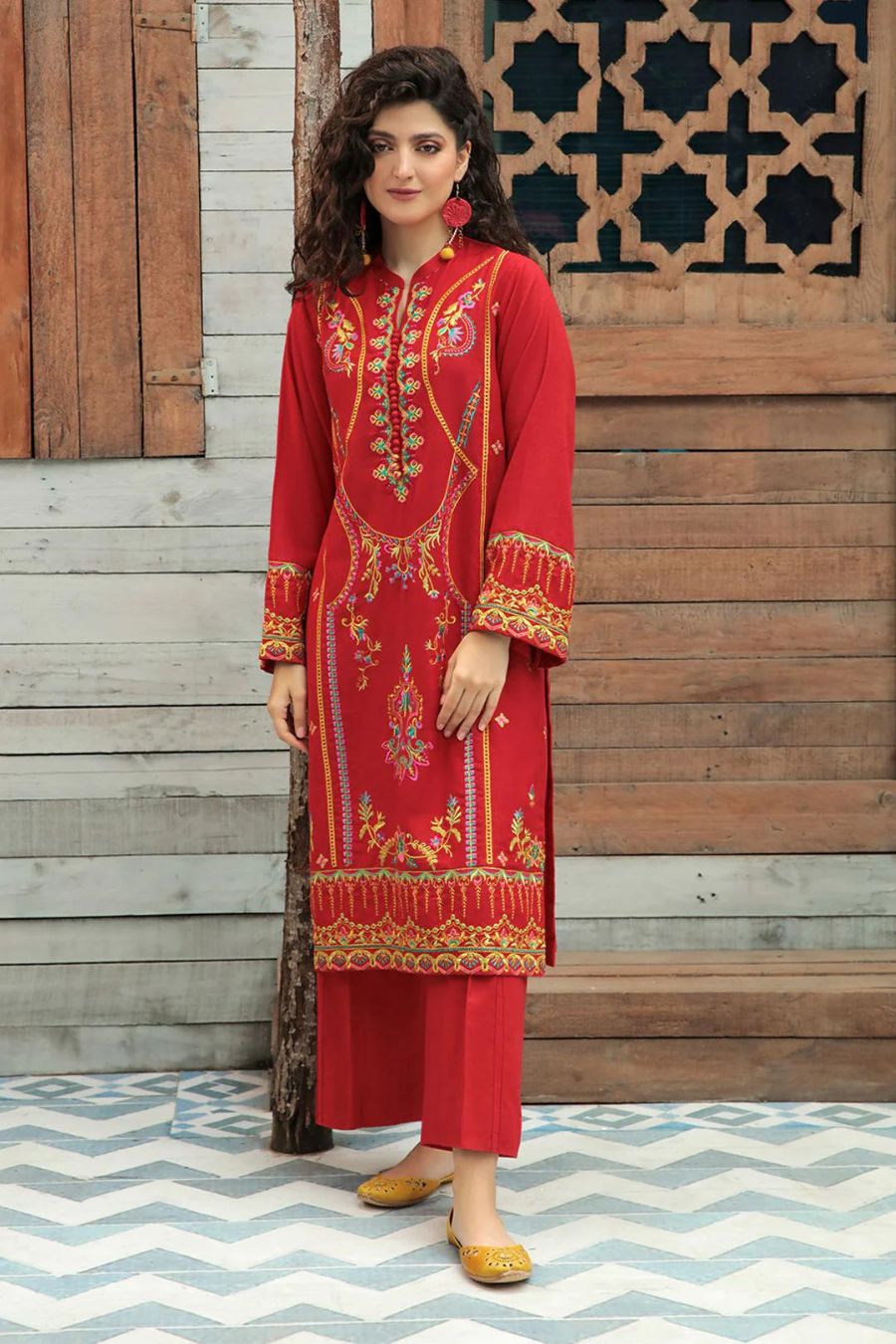 Embroidered Karandi-Red-Shirt - Branded Cut Pieces