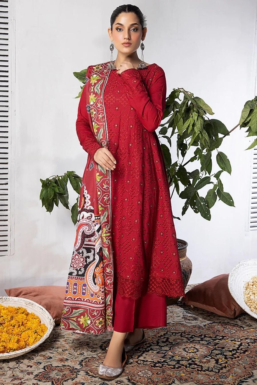 Mahnur (Mehru)-Embroidered Slub Linen-Red-3PC - Branded Cut Pieces