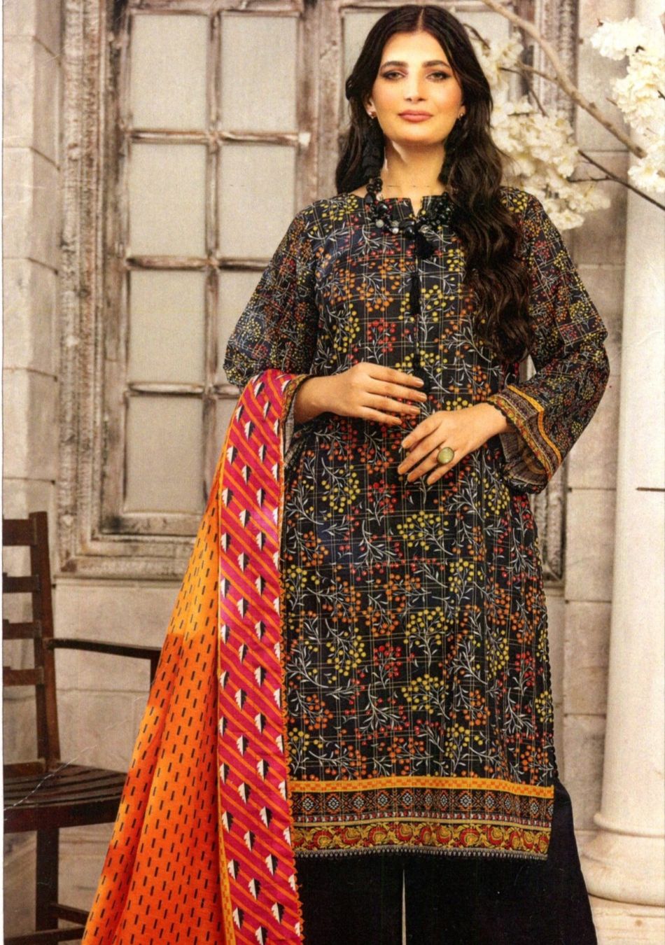 Jacquard-Digital Printed Cross Grid Khaddar-Black-3PC - Branded Cut Pieces