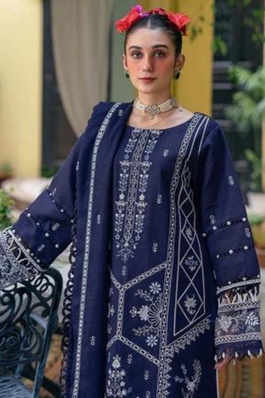 Parishay-Embroidered Karandi-Blue-3PC - Branded Cut Pieces