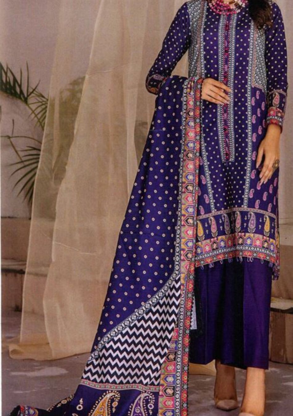 Jacquard-Digital Printed Slub Khaddar-D-Blue-3PC - Branded Cut Pieces