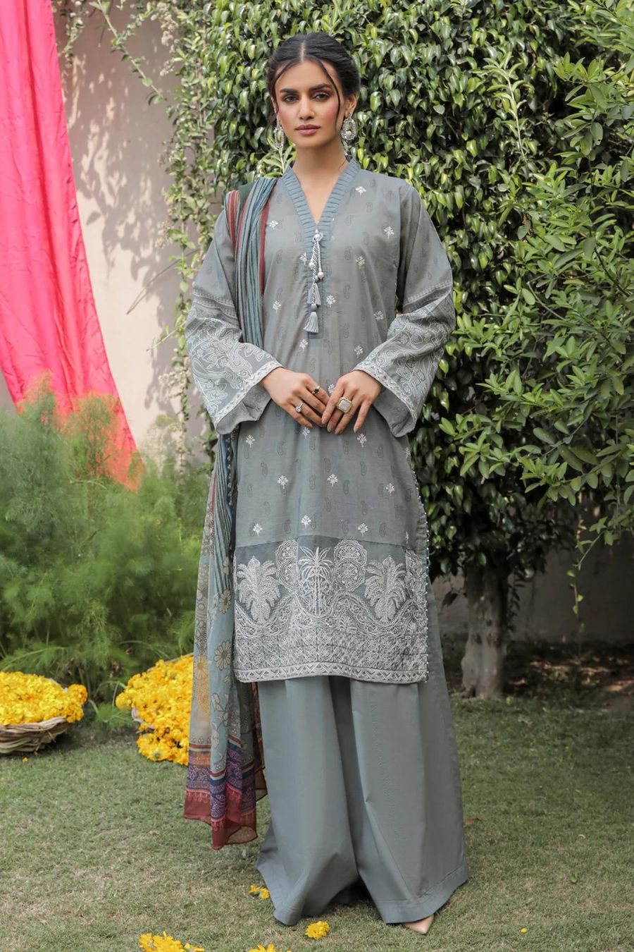 Embroidered Textured Lawn-Grey-2PC - Branded Cut Pieces