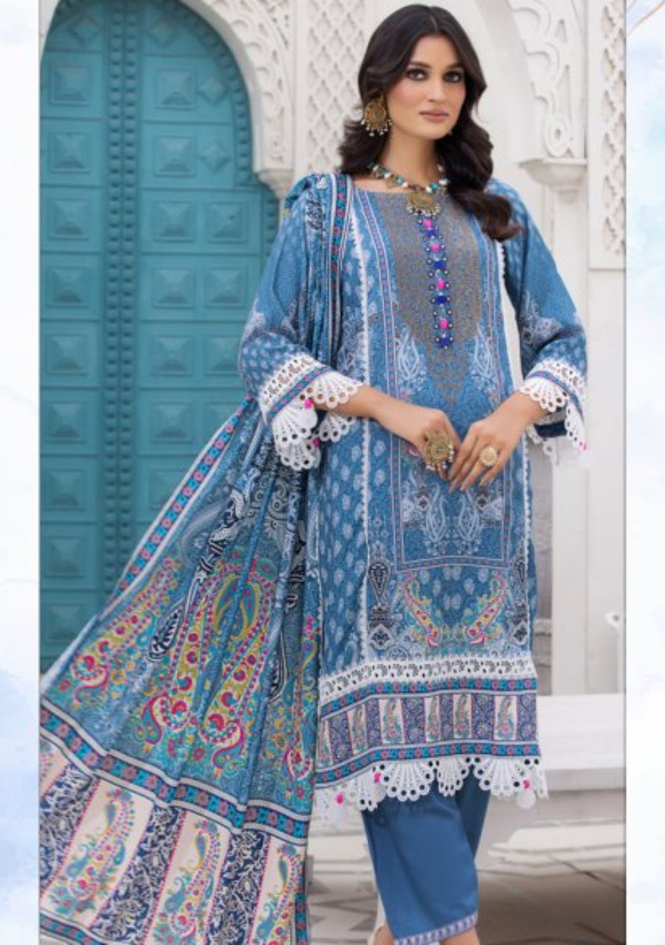 Jacquard-Embroidered Slub Viscose-Blue-3PC - Branded Cut Pieces